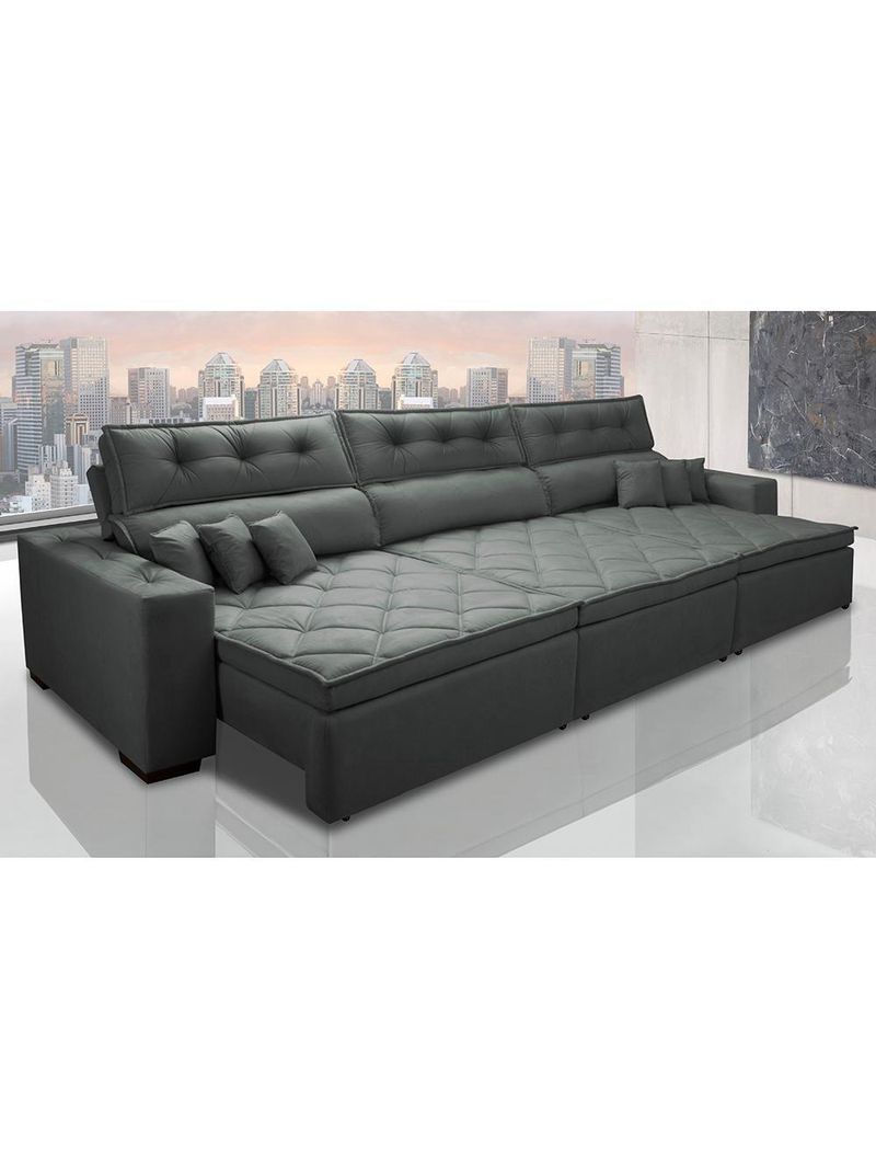 Sofá Retrátil E Reclinável 3,52m Austin Com Molas No Assento Tecido Suede Velusoft Cinza