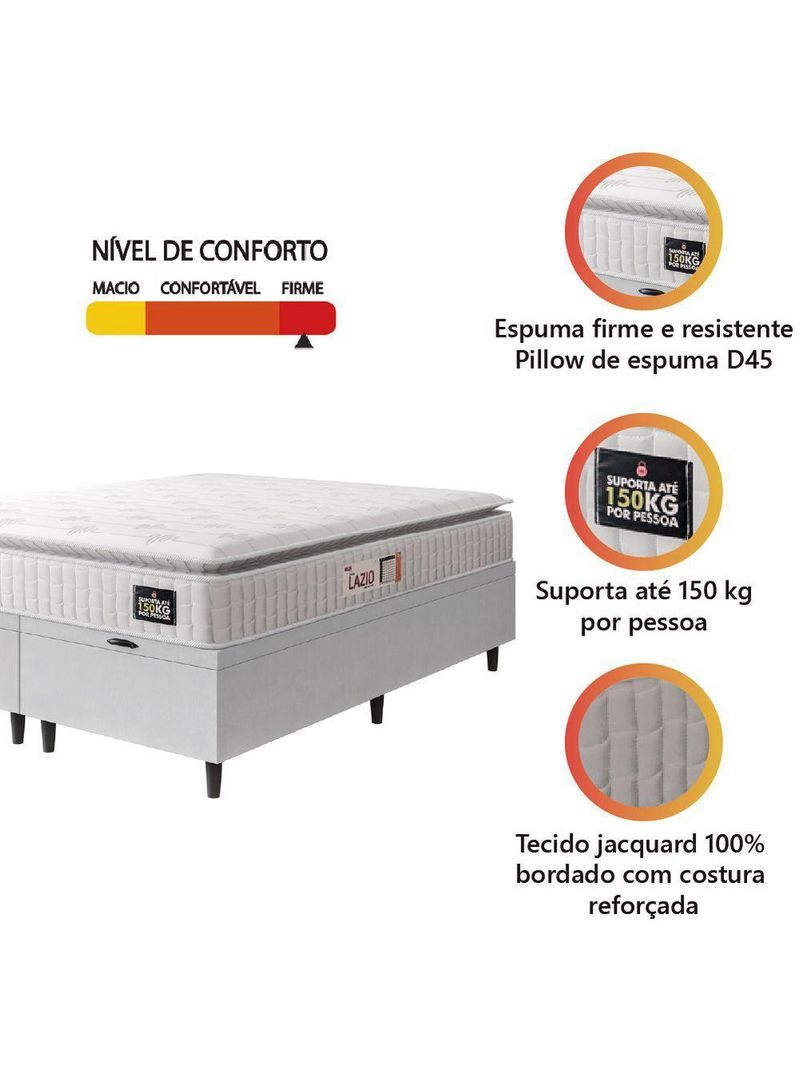 Cama Box Baú Casal Queen Colchão Espuma D45 Lazio Pillow Top 158x198x65cm Branco Hellen