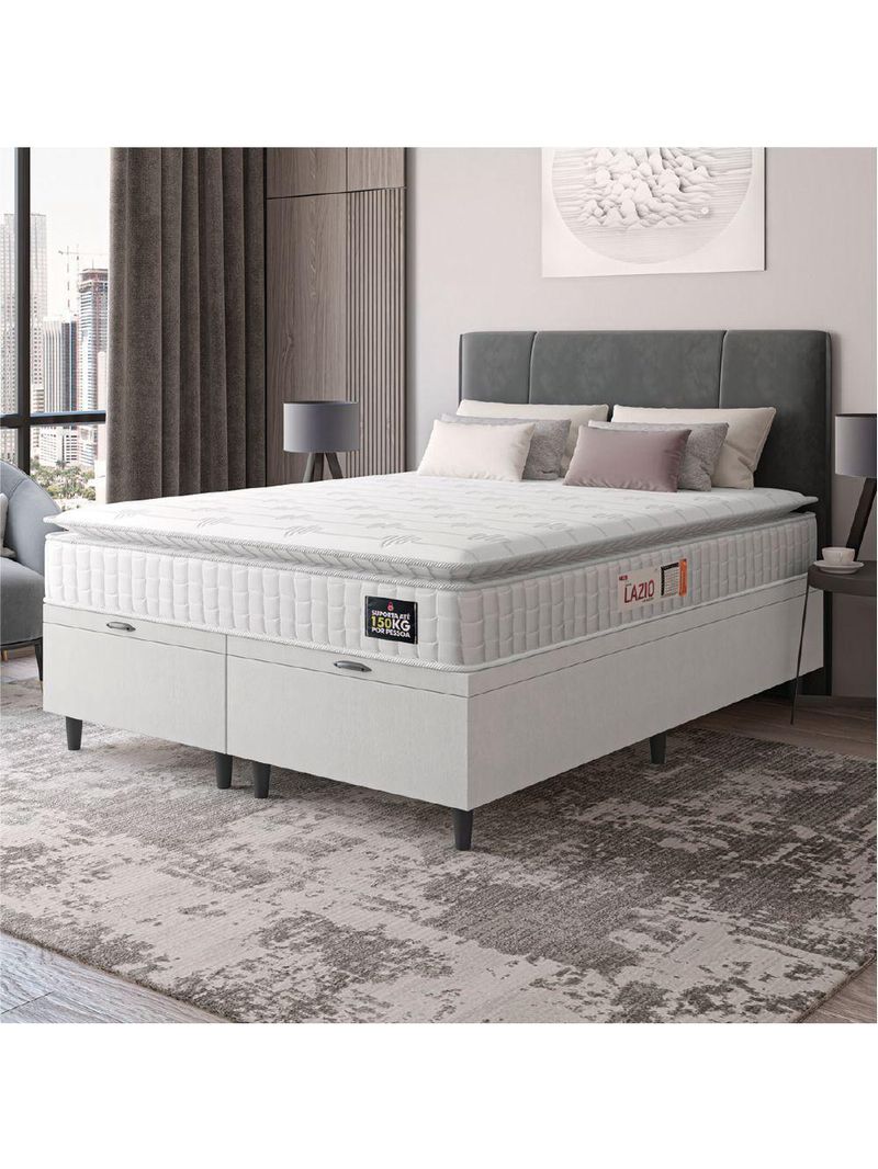 Cama Box Baú Casal Queen Colchão Espuma D45 Lazio Pillow Top 158x198x65cm Branco Hellen