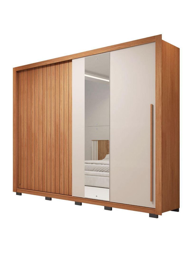 Guarda Roupas Casal Ripado e Espelho 2 Portas 4 Gavetas Eloa – Caemmun – Madeirado/Off White (Freijó/Off)