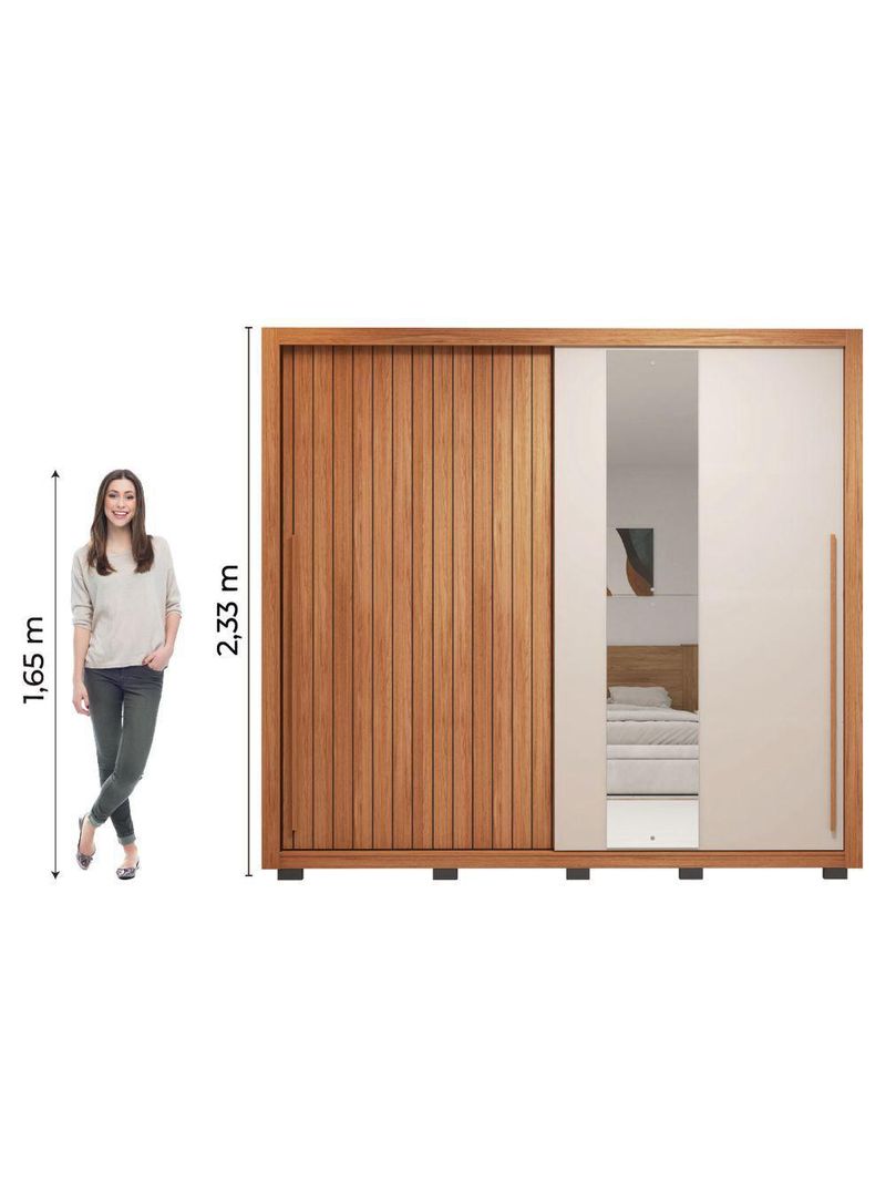 Guarda Roupas Casal Ripado e Espelho 2 Portas 4 Gavetas Eloa – Caemmun – Madeirado/Off White (Freijó/Off)