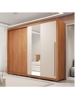 Guarda Roupas Casal Ripado e Espelho 2 Portas 4 Gavetas Eloa – Caemmun – Madeirado/Off White (Freijó/Off)