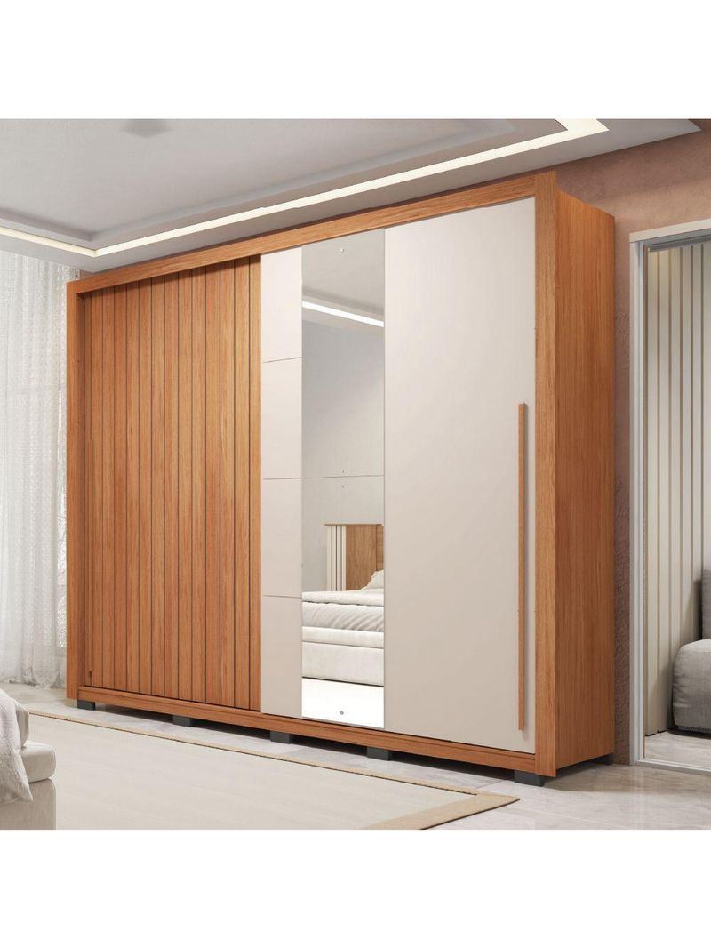 Guarda Roupas Casal Ripado e Espelho 2 Portas 4 Gavetas Eloa – Caemmun – Madeirado/Off White (Freijó/Off)