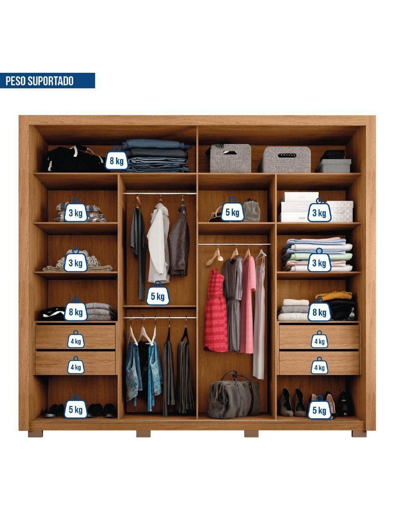 Guarda Roupas Casal Ripado e Espelho 2 Portas 4 Gavetas Eloa – Caemmun – Madeirado/Off White (Freijó/Off)