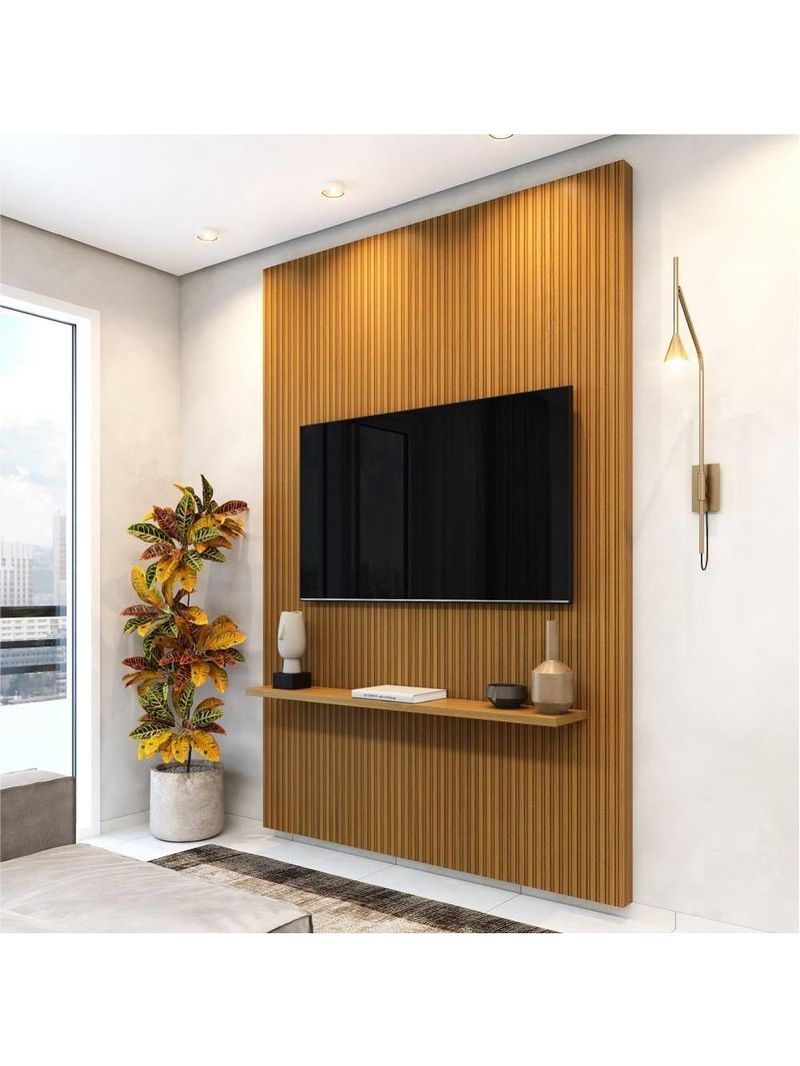 Painel Para Tv Até 55" Ripado Com Prateleira 1,35m Cedro EDN