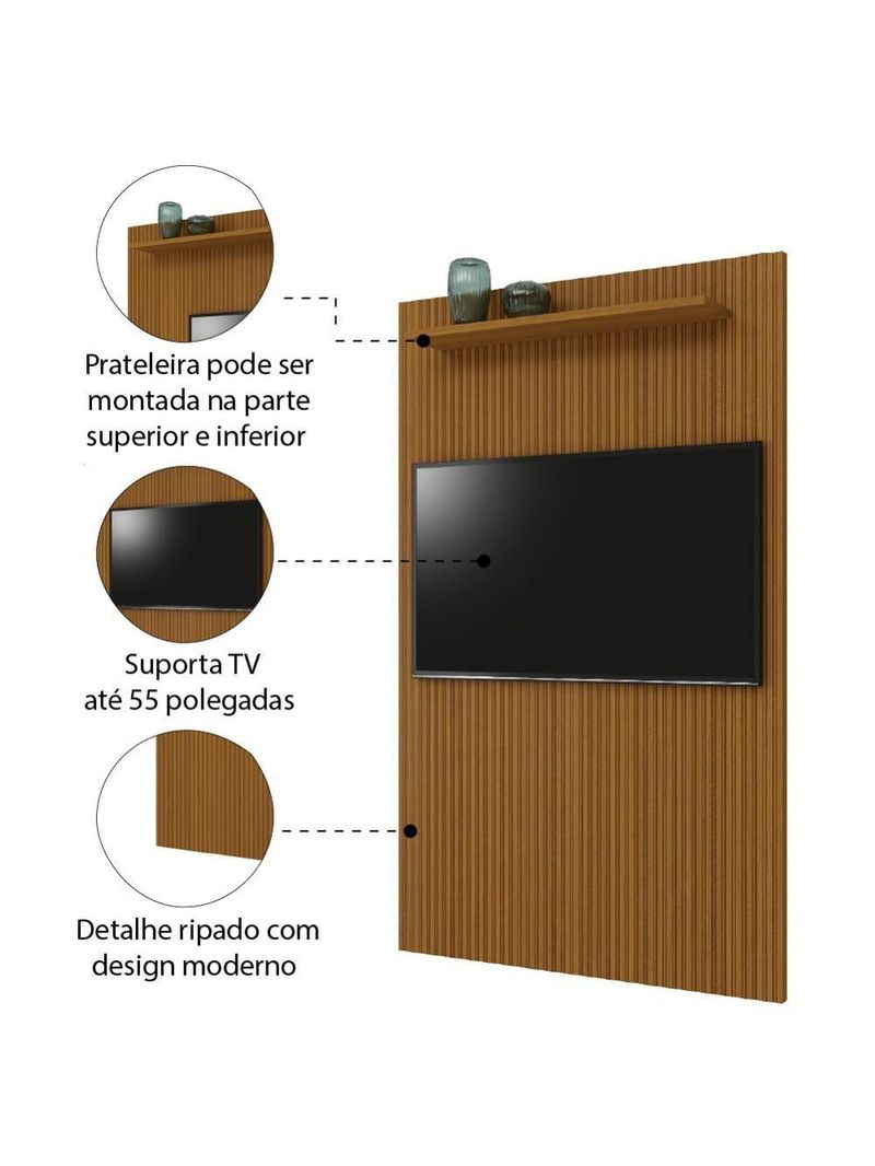 Painel Para Tv Até 55" Ripado Com Prateleira 1,35m Cedro EDN