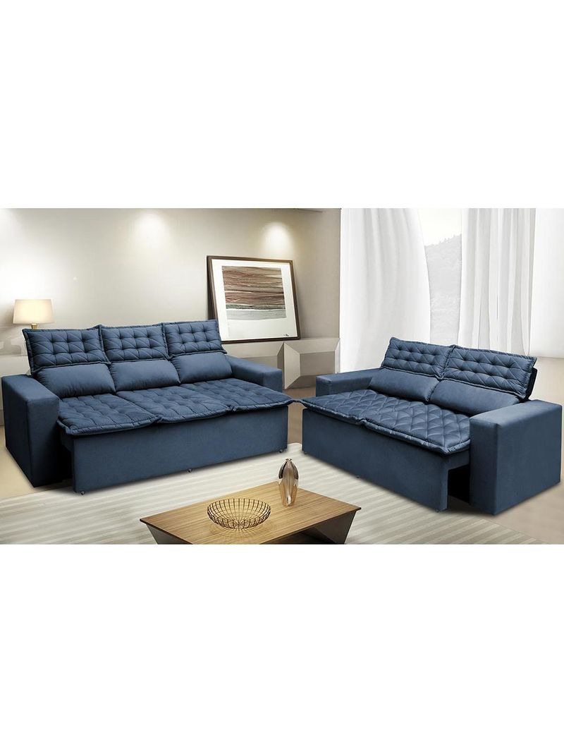 Conjunto Sofá 3 E 2 Lugares Retrátil Reclinável Slim Azul