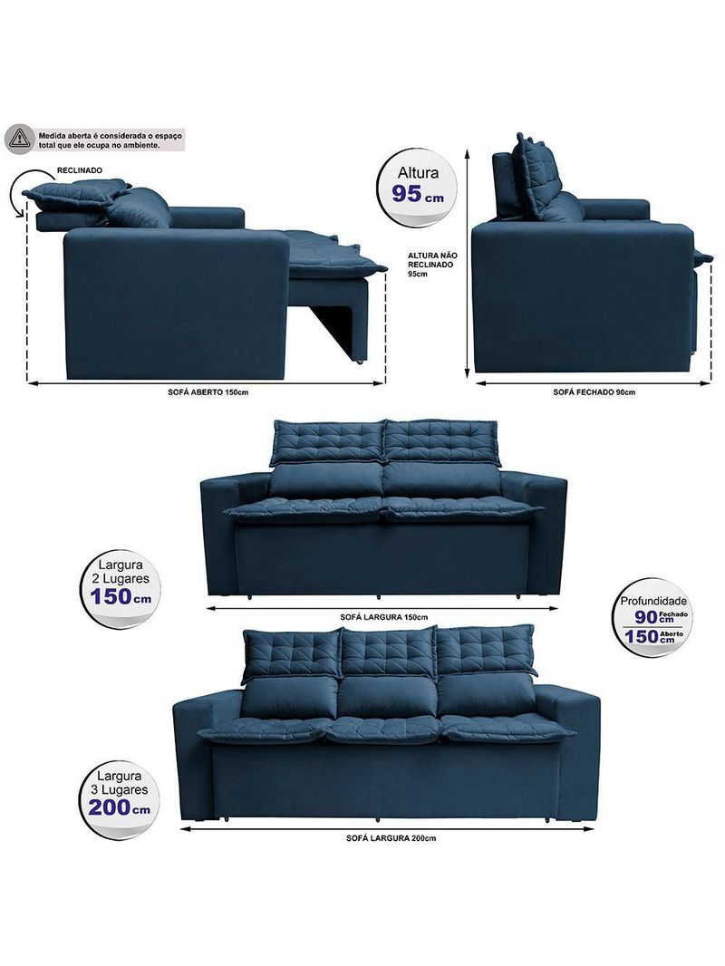 Conjunto Sofá 3 E 2 Lugares Retrátil Reclinável Slim Azul