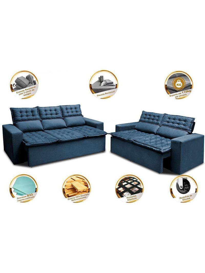 Conjunto Sofá 3 E 2 Lugares Retrátil Reclinável Slim Azul