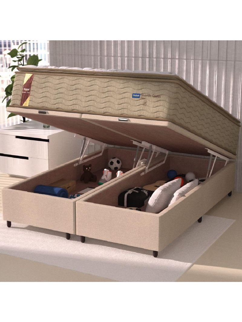 Cama Box Baú Casal King Colchão Molas Guarda Costas Max Com Pillow 193x203x81cm Suede Bege/branco