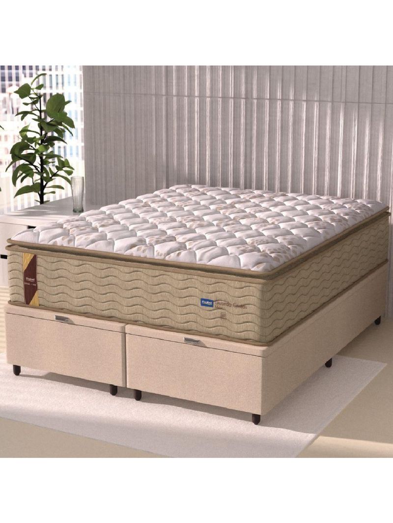 Cama Box Baú Casal King Colchão Molas Guarda Costas Max Com Pillow 193x203x81cm Suede Bege/branco