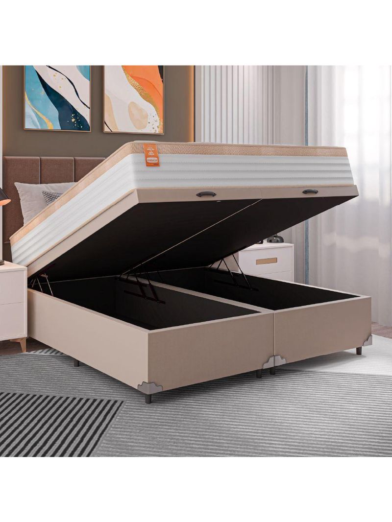 Cama Box Baú Colchão Casal King Molas Ensacadas Real 193x203x68cm Bege/branco Inducol Branco Nat