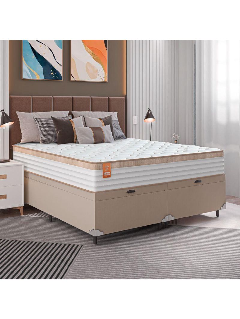 Cama Box Baú Colchão Casal King Molas Ensacadas Real 193x203x68cm Bege/branco Inducol Branco Nat