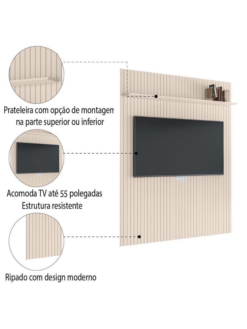 Painel Para Tv Até 55" Ripado Com Prateleira Off White