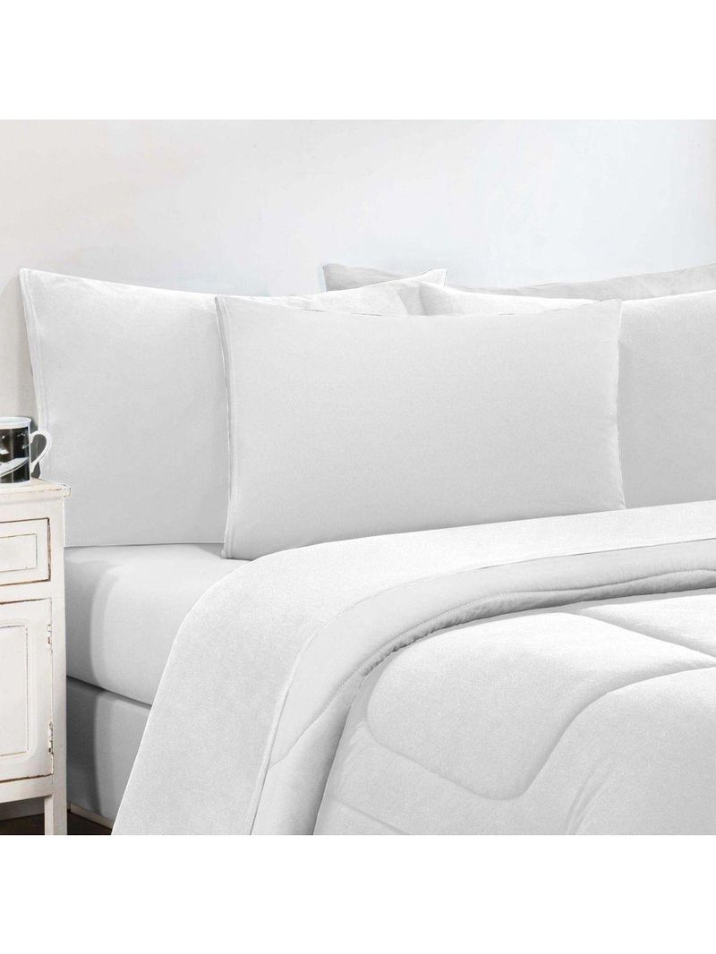 Kit Edredom + Jogo de Lençol Malha 100% Algodão Gran Moratta 6 Peças Queen - Branco/Branco