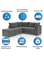 Sofá de Canto com Puff Monte do Seu Jeito Benfica Veludo – Luizzi – Cinza