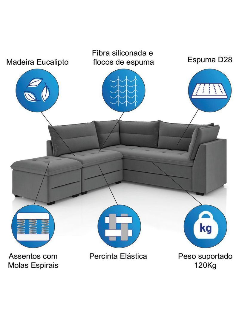 Sofá de Canto com Puff Monte do Seu Jeito Benfica Veludo – Luizzi – Cinza