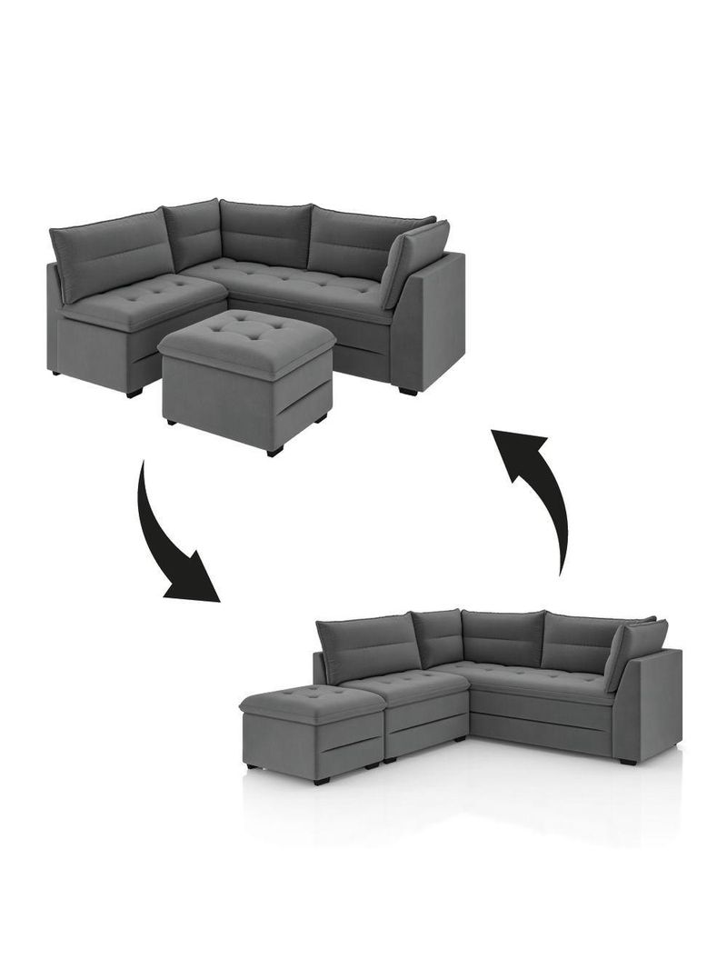 Sofá de Canto com Puff Monte do Seu Jeito Benfica Veludo – Luizzi – Cinza