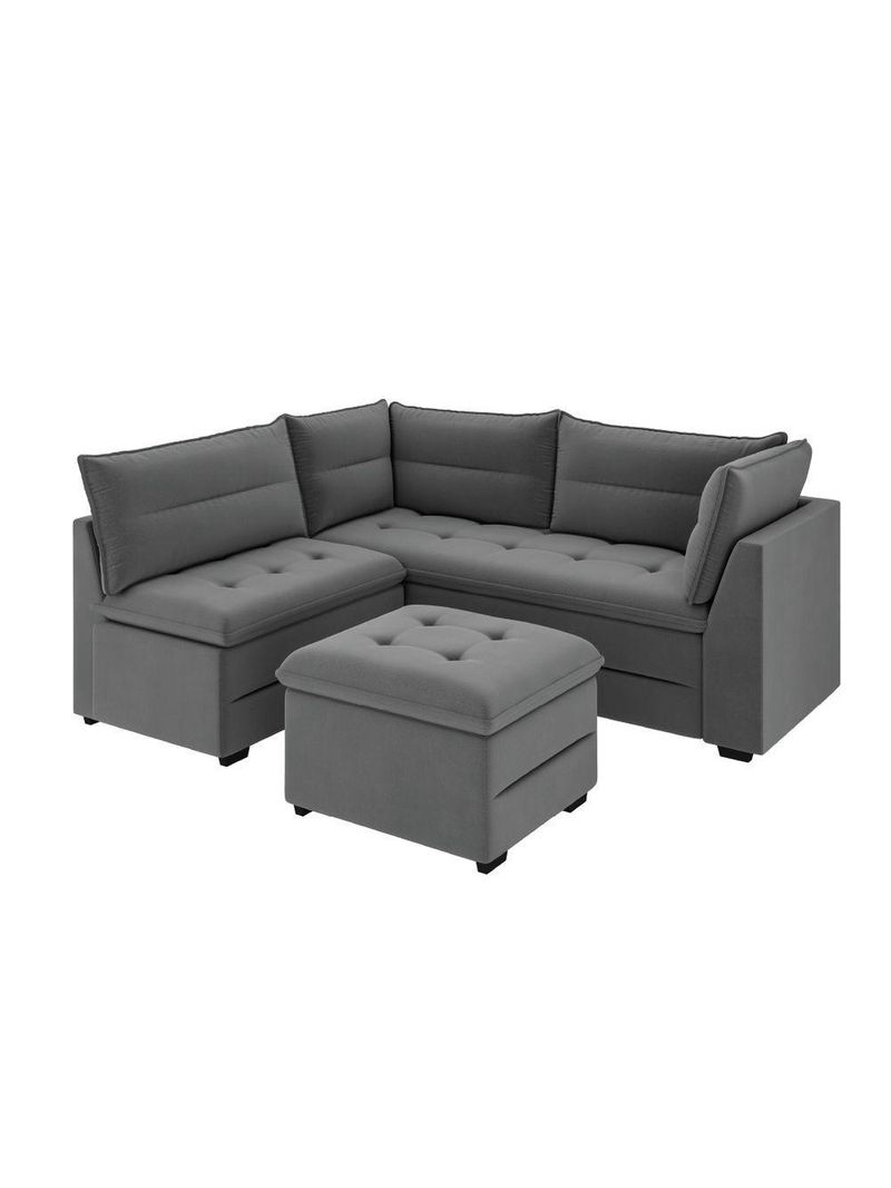 Sofá de Canto com Puff Monte do Seu Jeito Benfica Veludo – Luizzi – Cinza