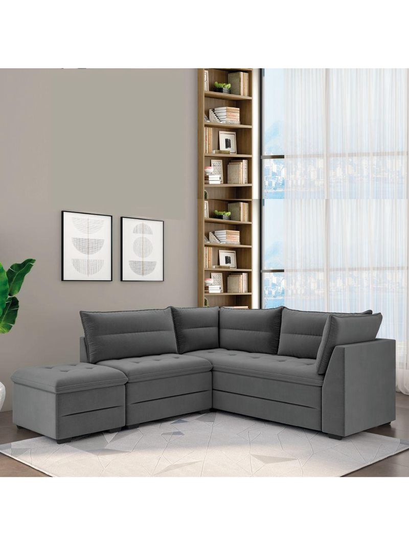 Sofá de Canto com Puff Monte do Seu Jeito Benfica Veludo – Luizzi – Cinza