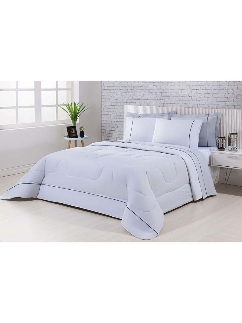 Kit Edredom 100% Algodão Percal 150 Fios Dupla Face Casal + Jogo De Cama Gran Moratta 7 Peças - Cinza/Branco
