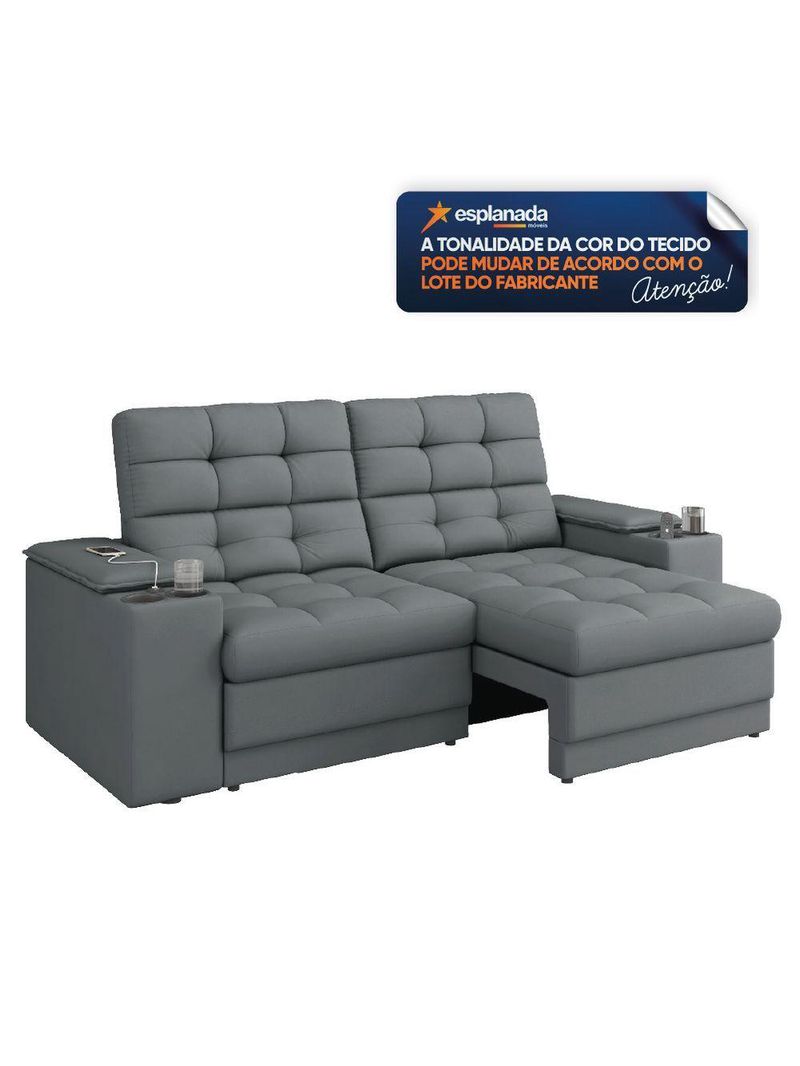 Sofá Retrátil E Reclinável 2,05m 3 Lugares Com Porta Copos Kansas Veludo Luizzi Cinza