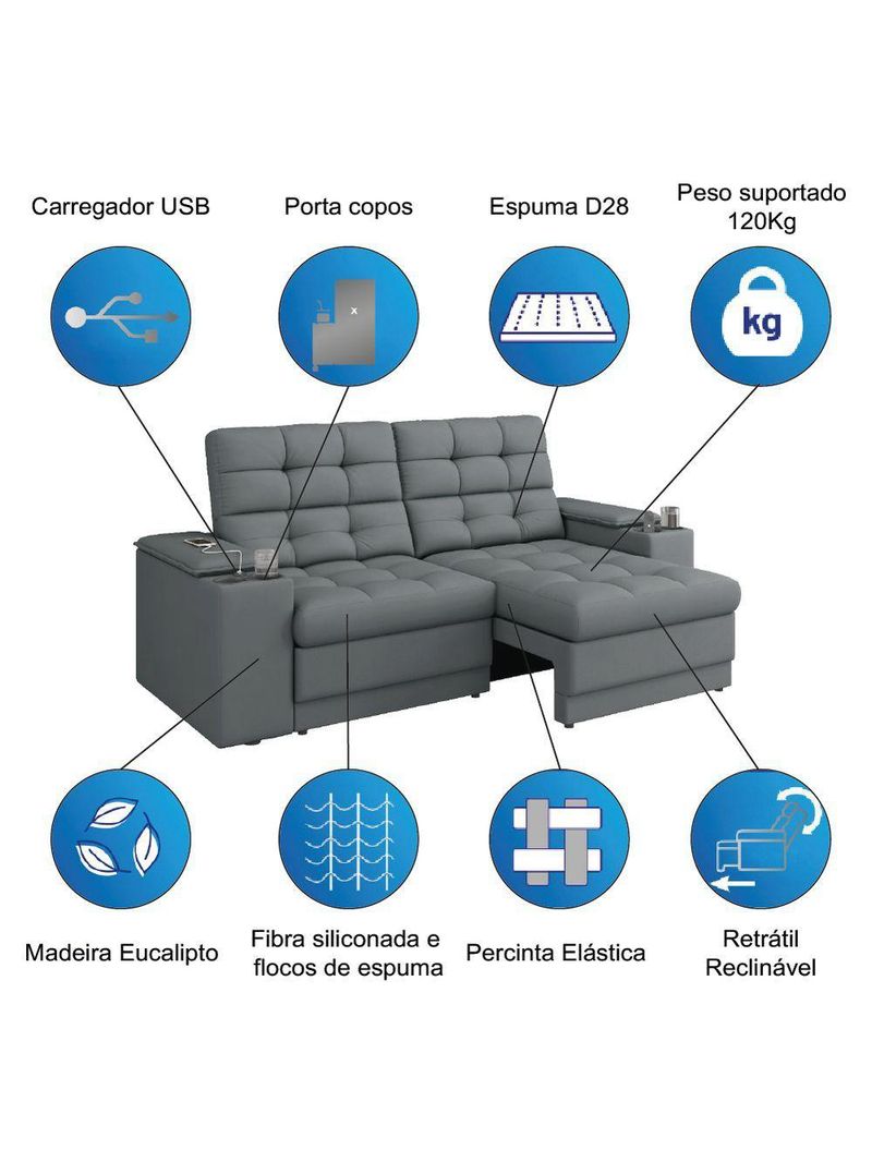 Sofá Retrátil E Reclinável 2,05m 3 Lugares Com Porta Copos Kansas Veludo Luizzi Cinza