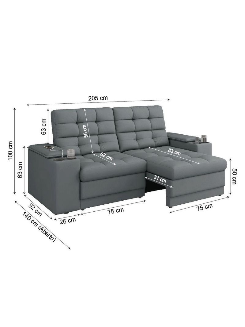 Sofá Retrátil E Reclinável 2,05m 3 Lugares Com Porta Copos Kansas Veludo Luizzi Cinza