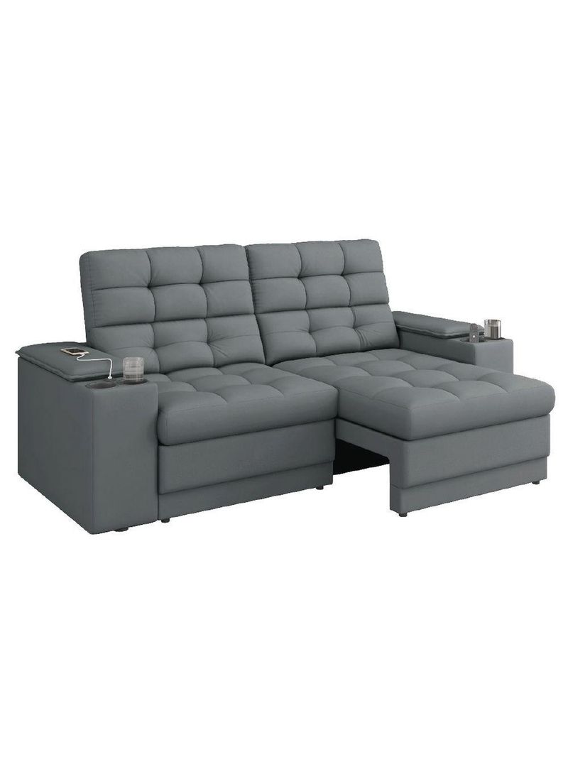 Sofá Retrátil E Reclinável 2,05m 3 Lugares Com Porta Copos Kansas Veludo Luizzi Cinza