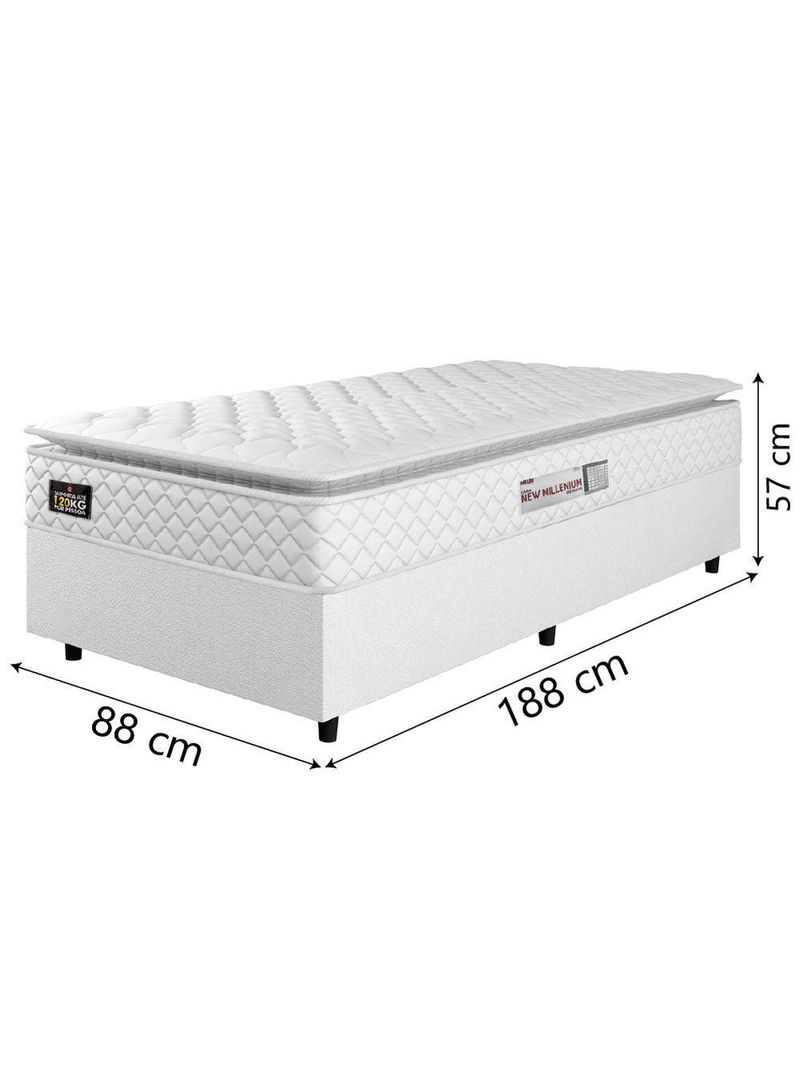 Cama Box Solteiro Colchão Espuma D33 Pillow Top New Millenium 88x188x57cm Branco Hellen – Suporta Até 120 Kg Por Pessoa