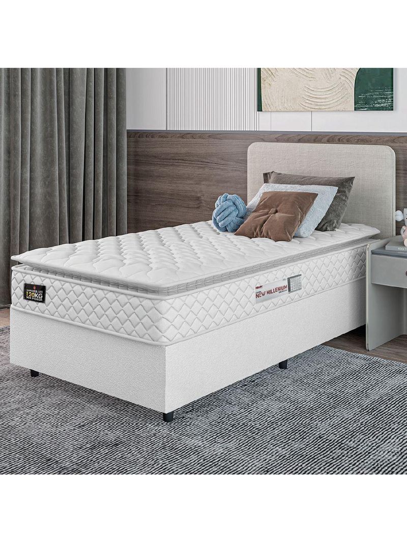 Cama Box Solteiro Colchão Espuma D33 Pillow Top New Millenium 88x188x57cm Branco Hellen – Suporta Até 120 Kg Por Pessoa