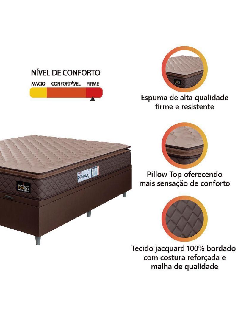 Cama Box Baú Casal Queen Colchão Espuma D33 Pillow Top Millenium Suede Marrom Hellen