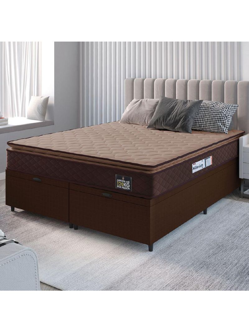 Cama Box Baú Casal Queen Colchão Espuma D33 Pillow Top Millenium Suede Marrom Hellen