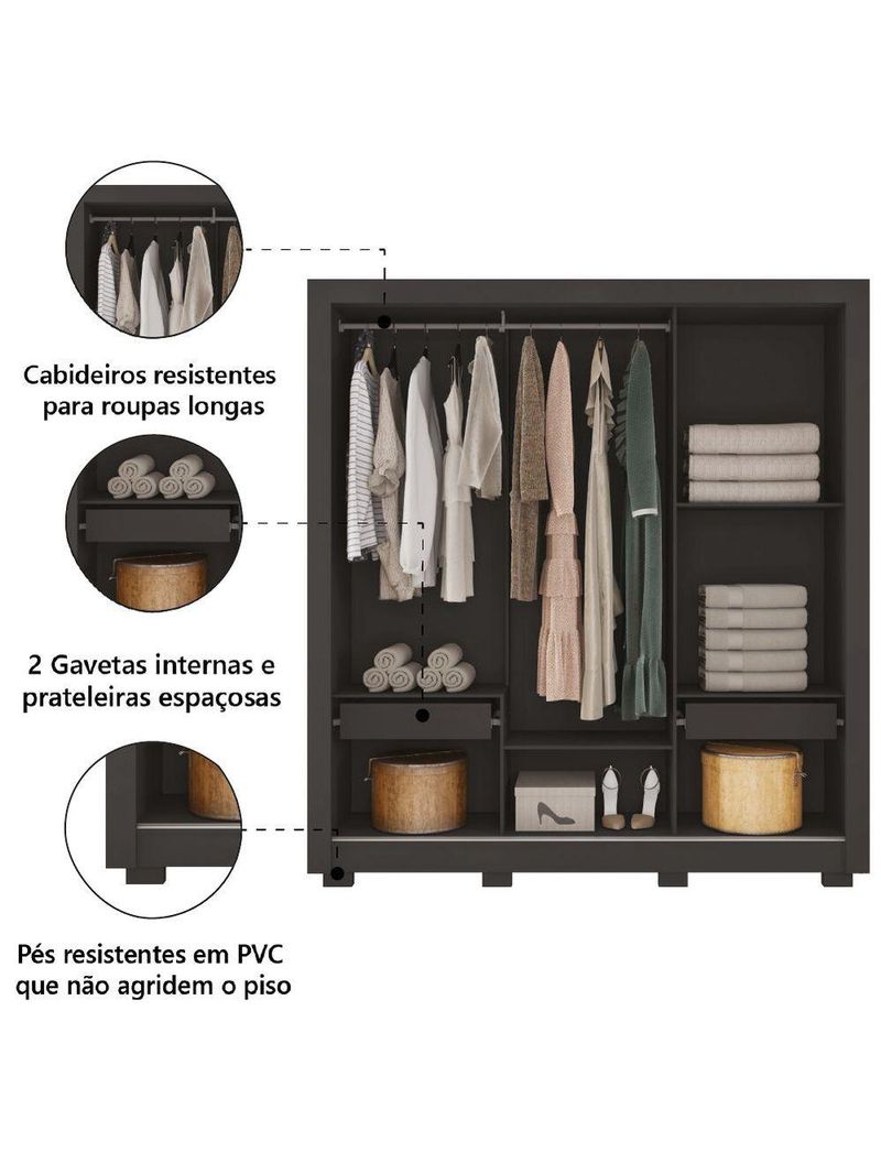 Guarda Roupas Casal Com Espelho 3 Portas Preto