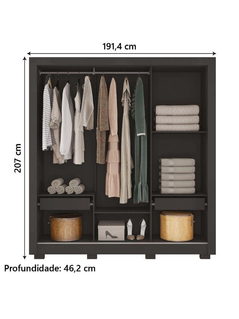 Guarda Roupas Casal Com Espelho 3 Portas Preto