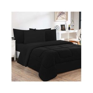 Kit Edredom + Jogo de Lençol Malha 100% Algodão Gran Moratta 7 Peças Queen - Preto/Preto