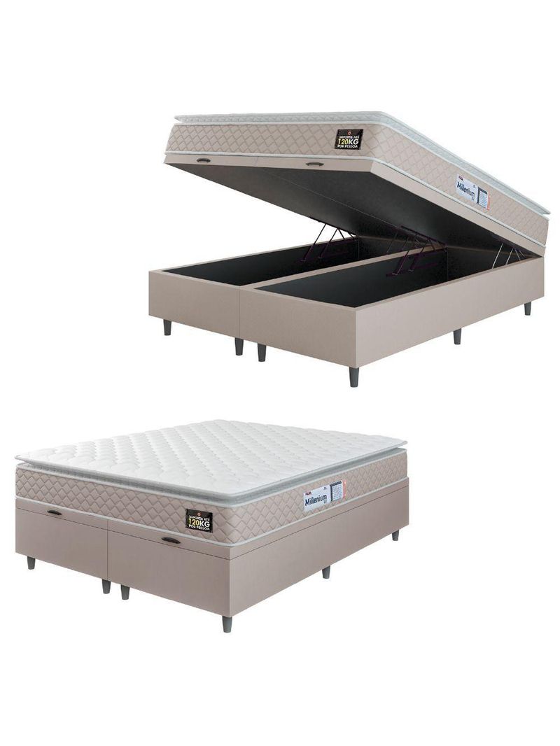 Cama Box Baú Casal Queen Colchão Espuma D33 Pillow Top Millenium 158x198x60cm Suede Bege/branco