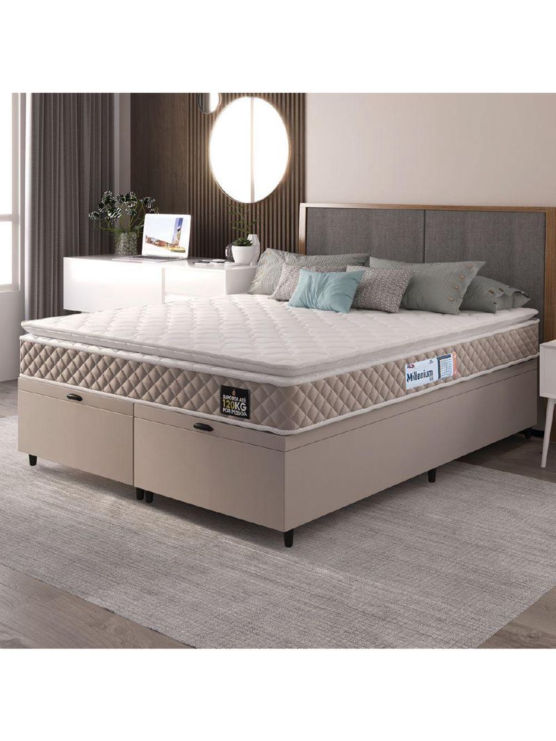 Cama Box Baú Casal Queen Colchão Espuma D33 Pillow Top Millenium 158x198x60cm Suede Bege/branco