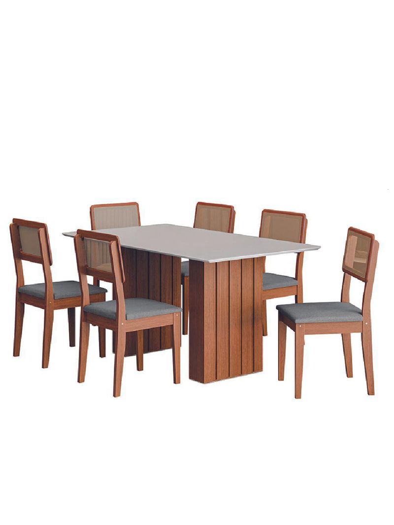 Conjunto De Mesa Sala De Jantar Ripada Tampo Com Vidro 1,60m 6 Cadeiras Santiago Dobuê Madeirado / Cinza