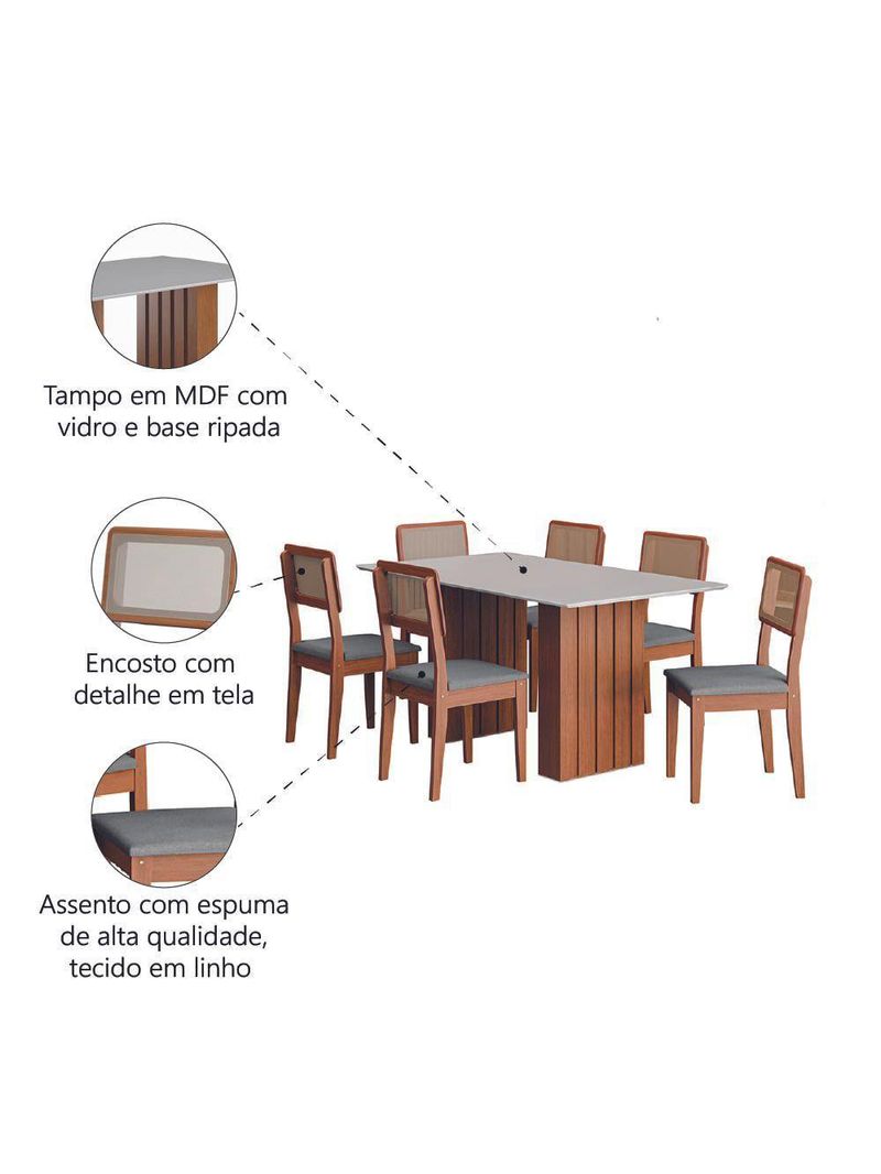 Conjunto De Mesa Sala De Jantar Ripada Tampo Com Vidro 1,60m 6 Cadeiras Santiago Dobuê Madeirado / Cinza