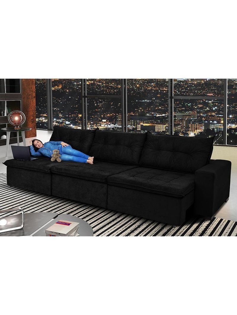 Sofá Austrália 3,52 Mts Retrátil, Reclinável Com Molas E Pillow No Assento Tecido Suede Preto