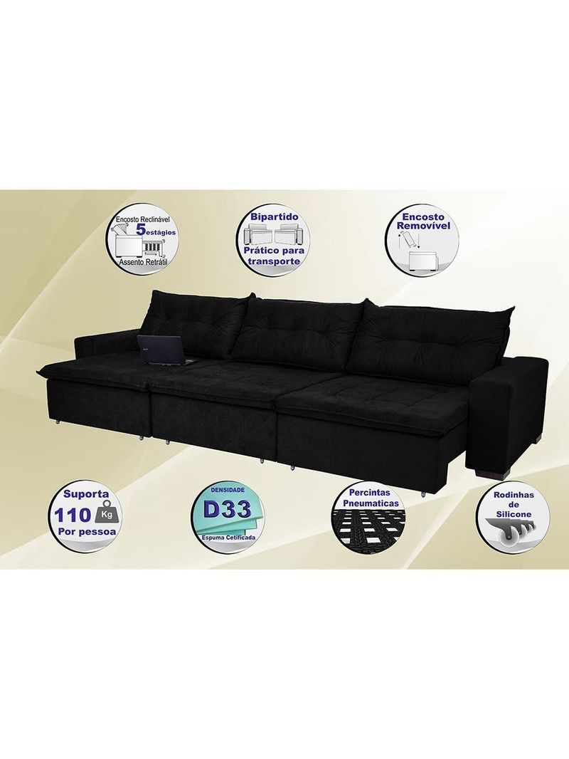 Sofá Austrália 3,52 Mts Retrátil, Reclinável Com Molas E Pillow No Assento Tecido Suede Preto