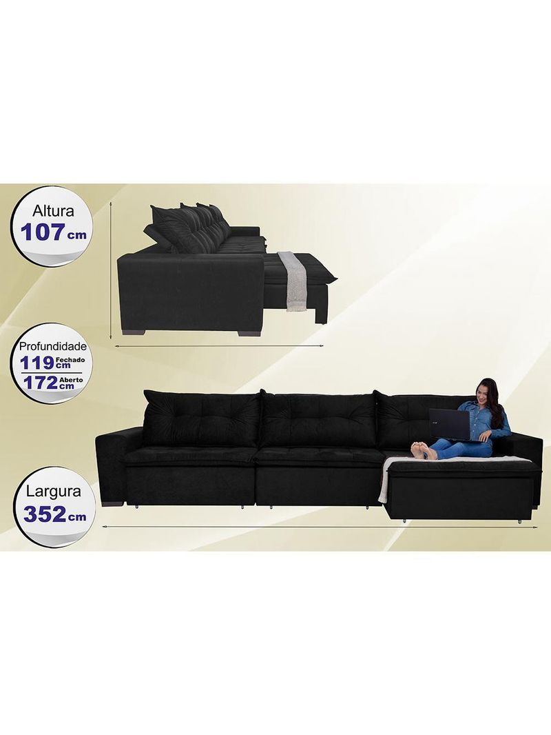 Sofá Austrália 3,52 Mts Retrátil, Reclinável Com Molas E Pillow No Assento Tecido Suede Preto