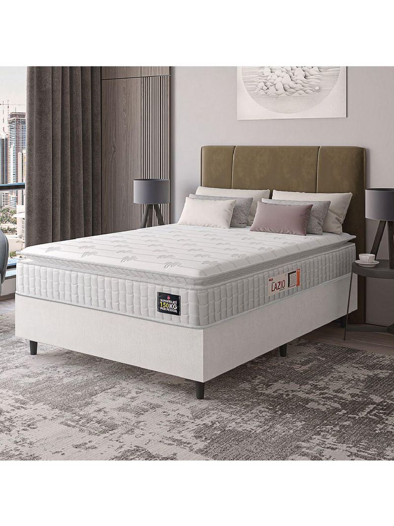 Cama Box Casal Queen Colchão Espuma D45 Lazio Pillow Top 158x198x62cm Branco Hellen