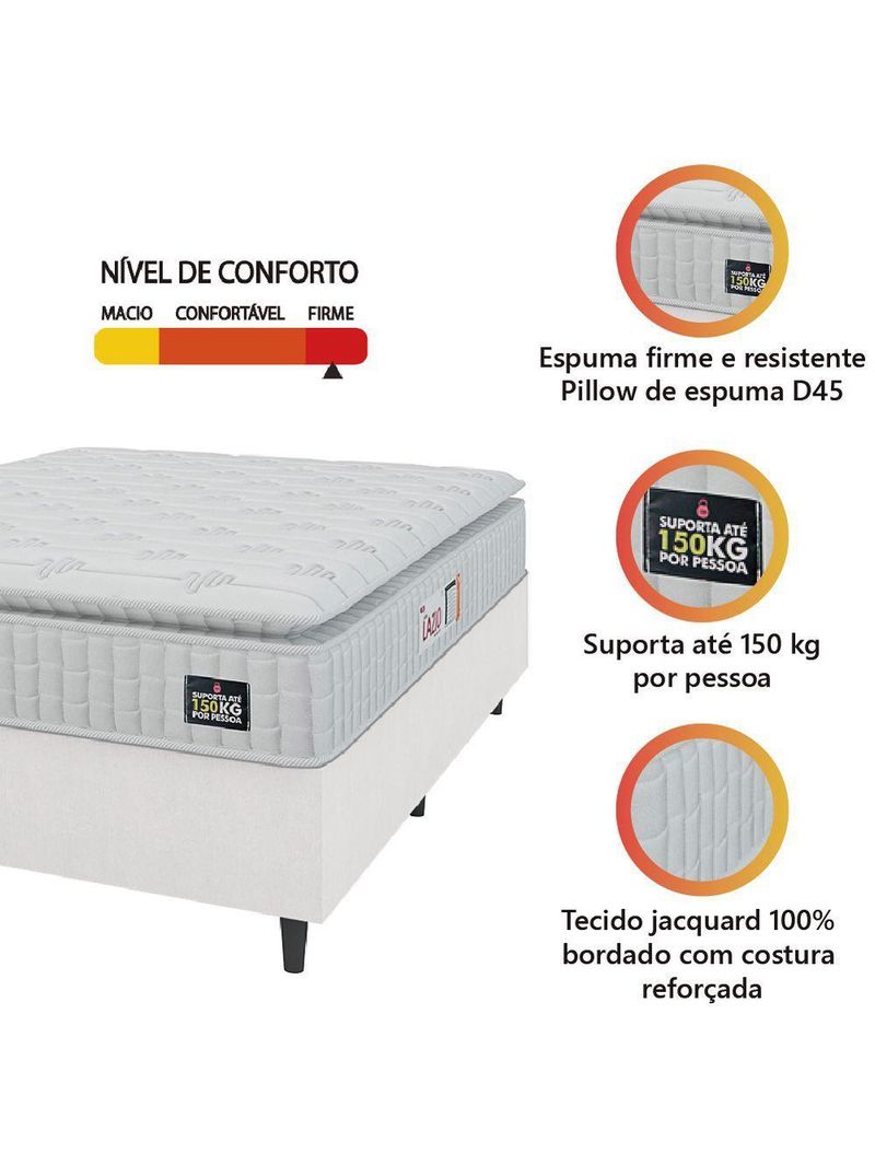 Cama Box Casal Queen Colchão Espuma D45 Lazio Pillow Top 158x198x62cm Branco Hellen