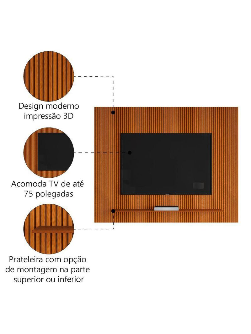 Painel Para Tv Até 75 Polegadas Ripado Impressão 3d Avante 1,79m Cedro Edn