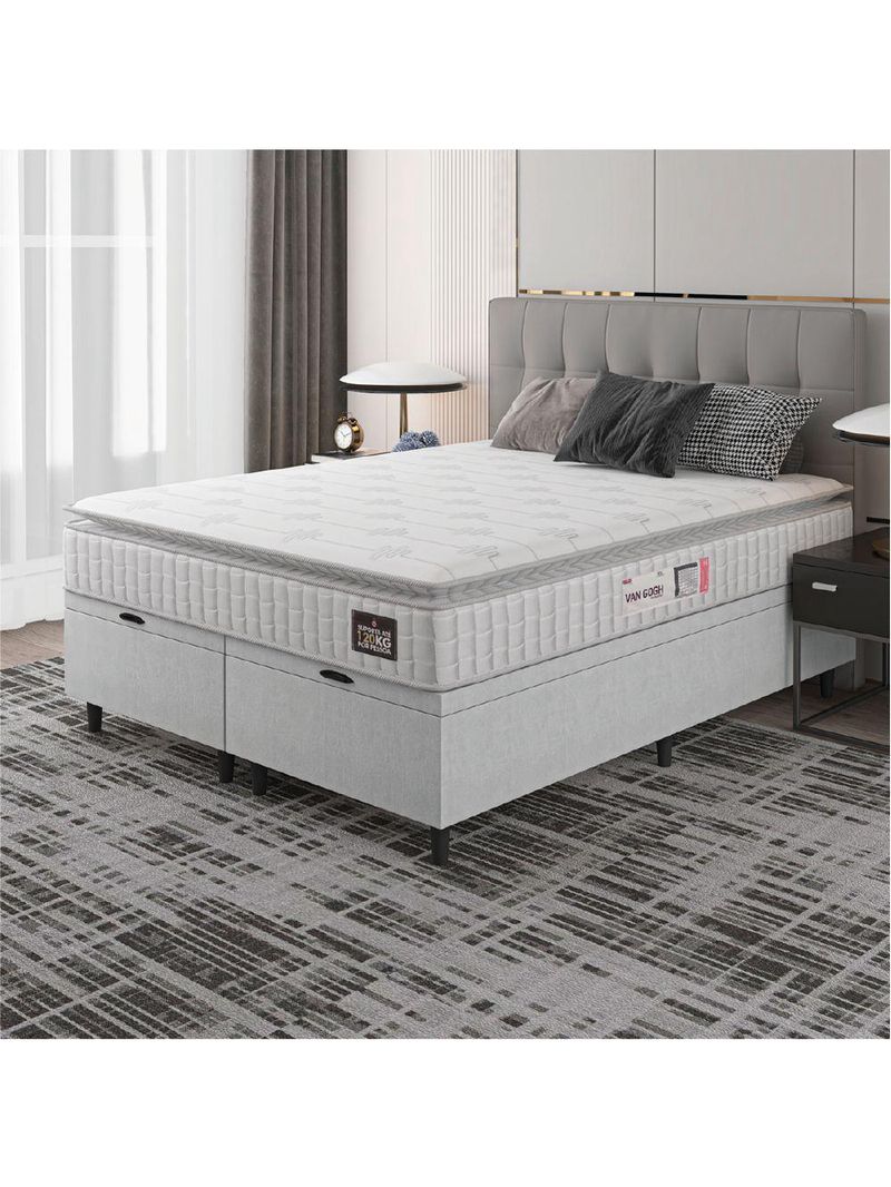 Cama Box Baú Casal Queen Colchão Espuma D33 Pillow Top Van Gogh 158x198x65cm Branco Hellen
