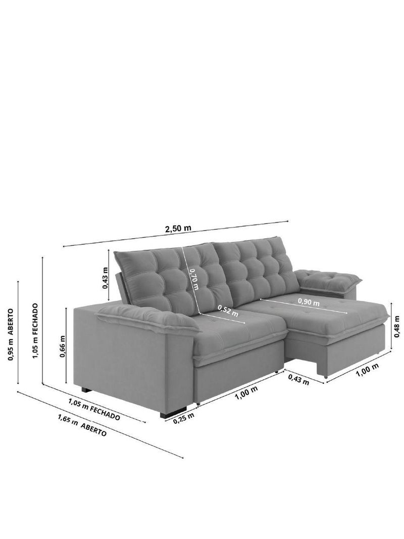 Sofá Retrátil E Reclinável Bipartido 2,50m 4 Lugares Palermo Slim Luizzi Chumbo