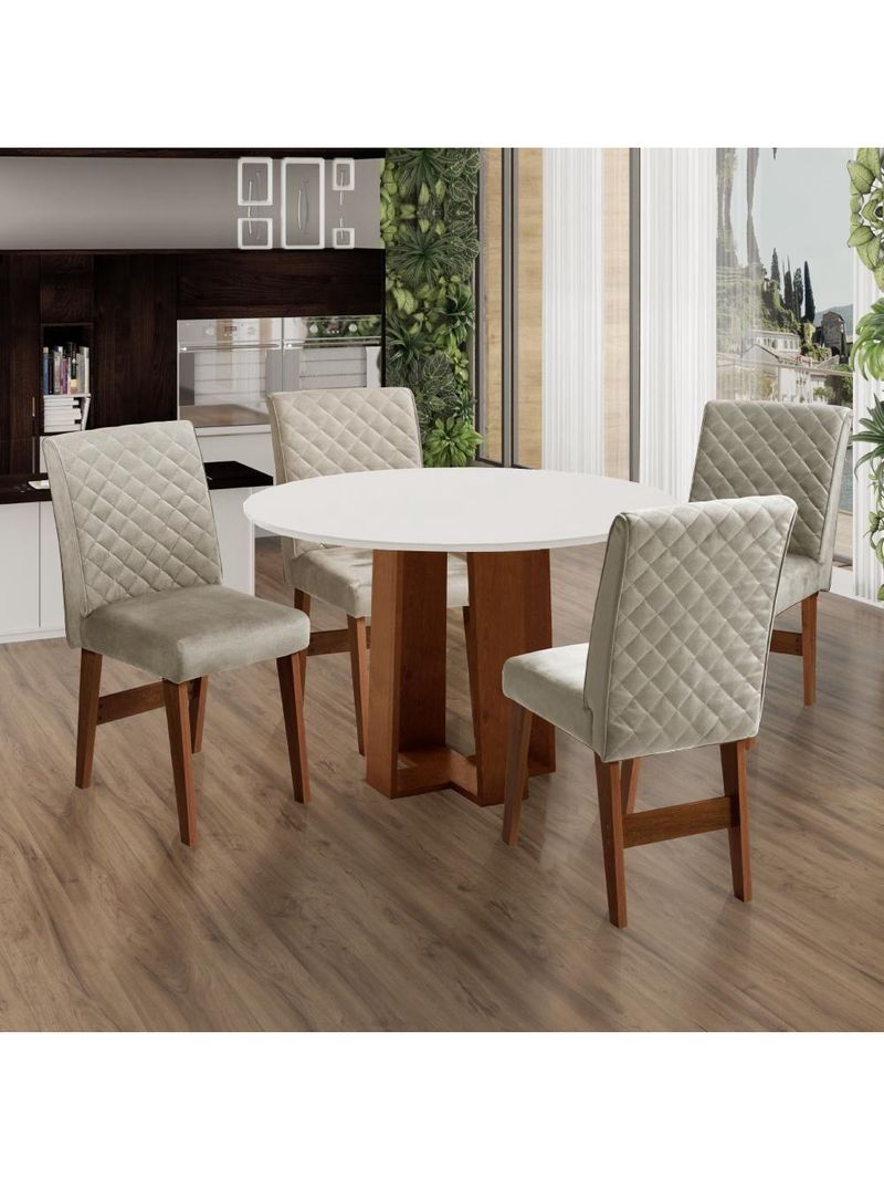 Mesa Sala De Jantar 4 Cadeiras Redonda 1,03m Cedro/Off White