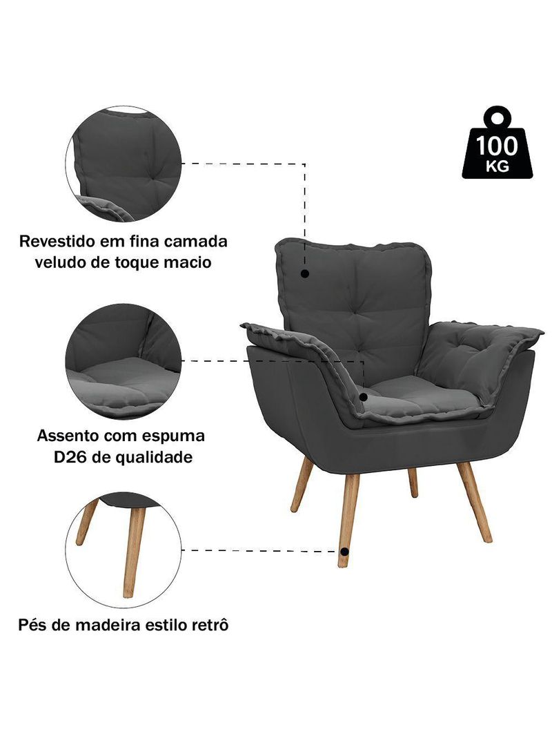 Kit 2 Poltronas Decorativas Dubai Para Sala Veludo Cinza Selmer